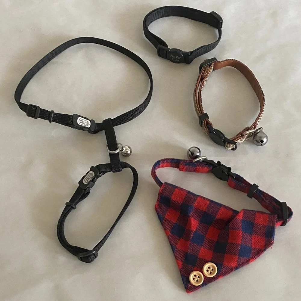 Assorted cat collars harness and scarf black red plaid small breakaway